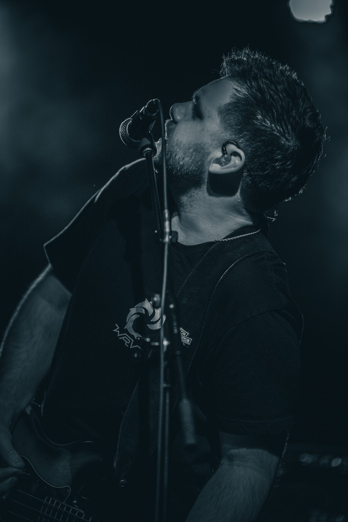 A musician passionately singing into a microphone while playing an electric guitar on stage, illuminated by colorful stage lights.