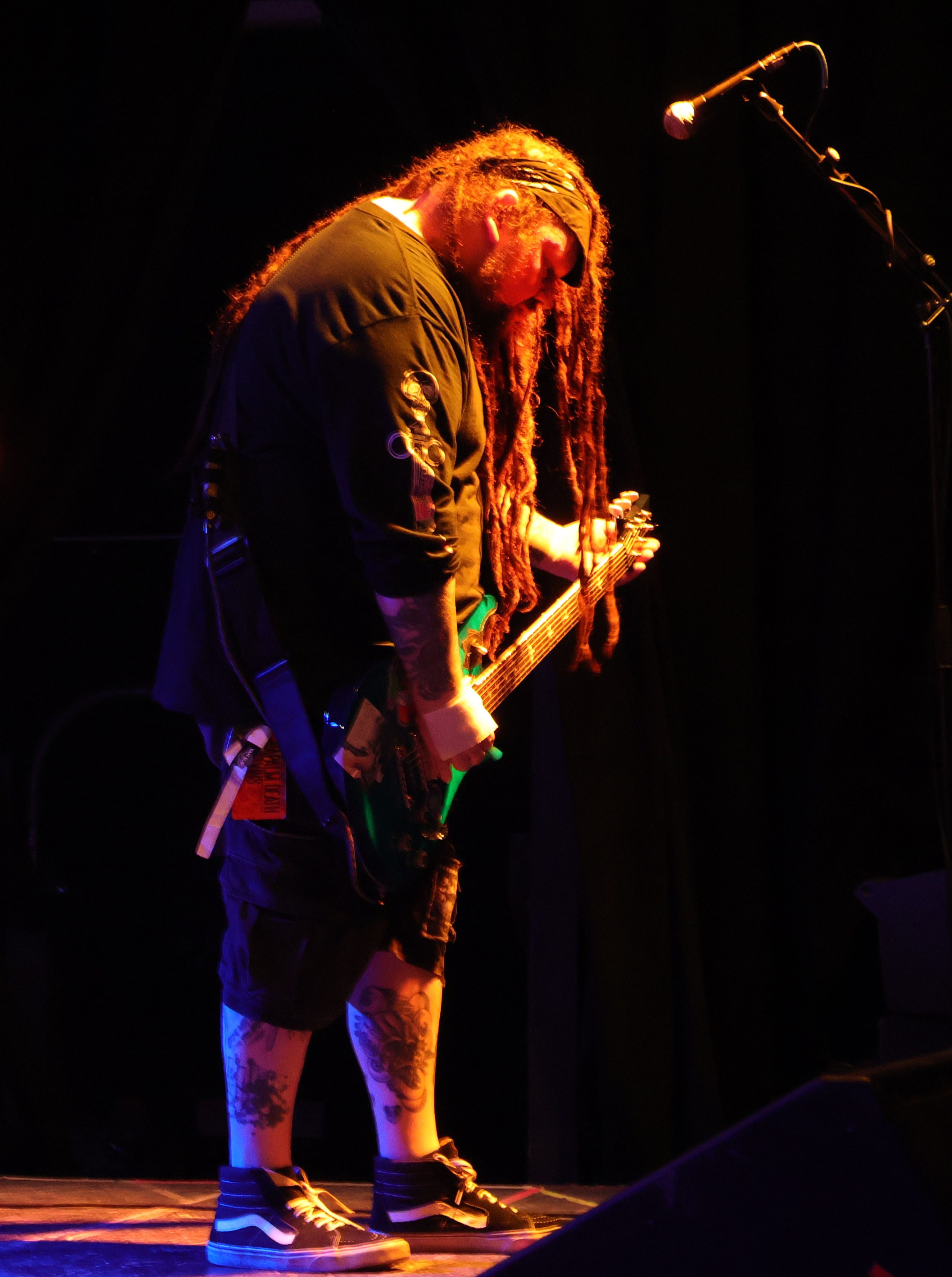 A guitarist with long dreadlocks stands on stage, focusing intently on his instrument under warm, colored lighting.