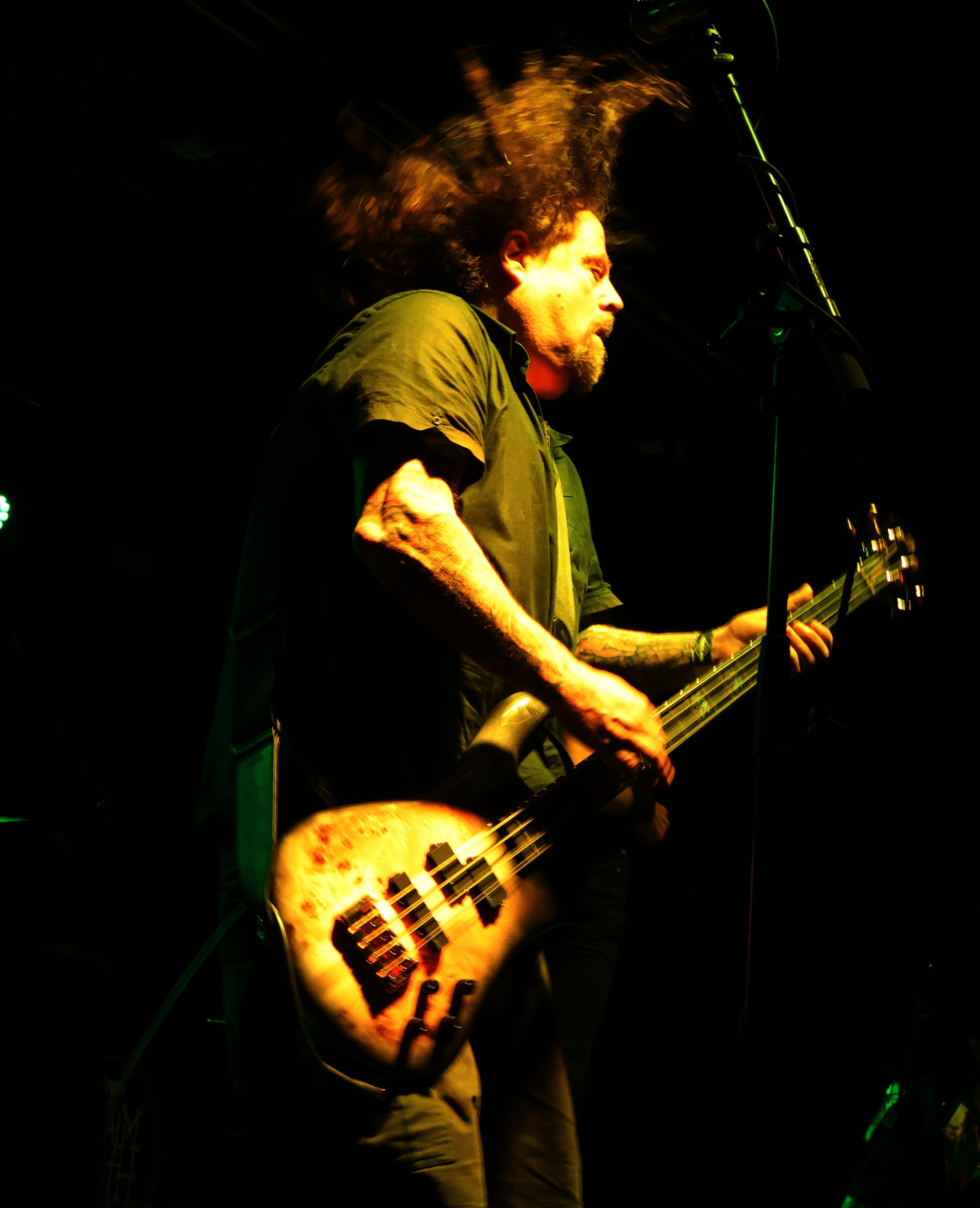 A musician passionately playing a bass guitar on stage with long hair flying in motion, illuminated by green stage lights.