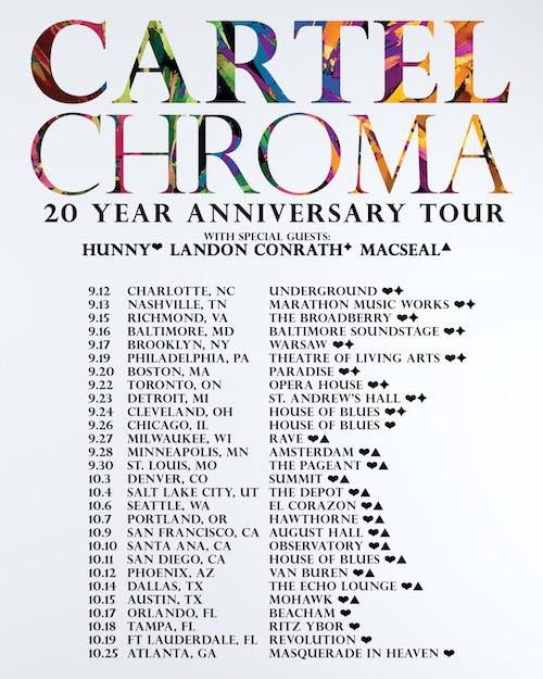 Tour poster for Cartel's 20 Year Anniversary Tour for 'Chroma', featuring dates, locations, and special guests.