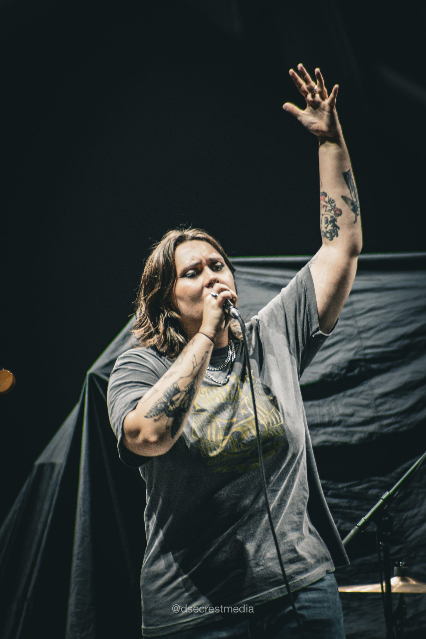 A musician passionately singing into a microphone on stage, with one arm raised and showing tattoos, while wearing a gray shirt and surrounded by dark stage elements.