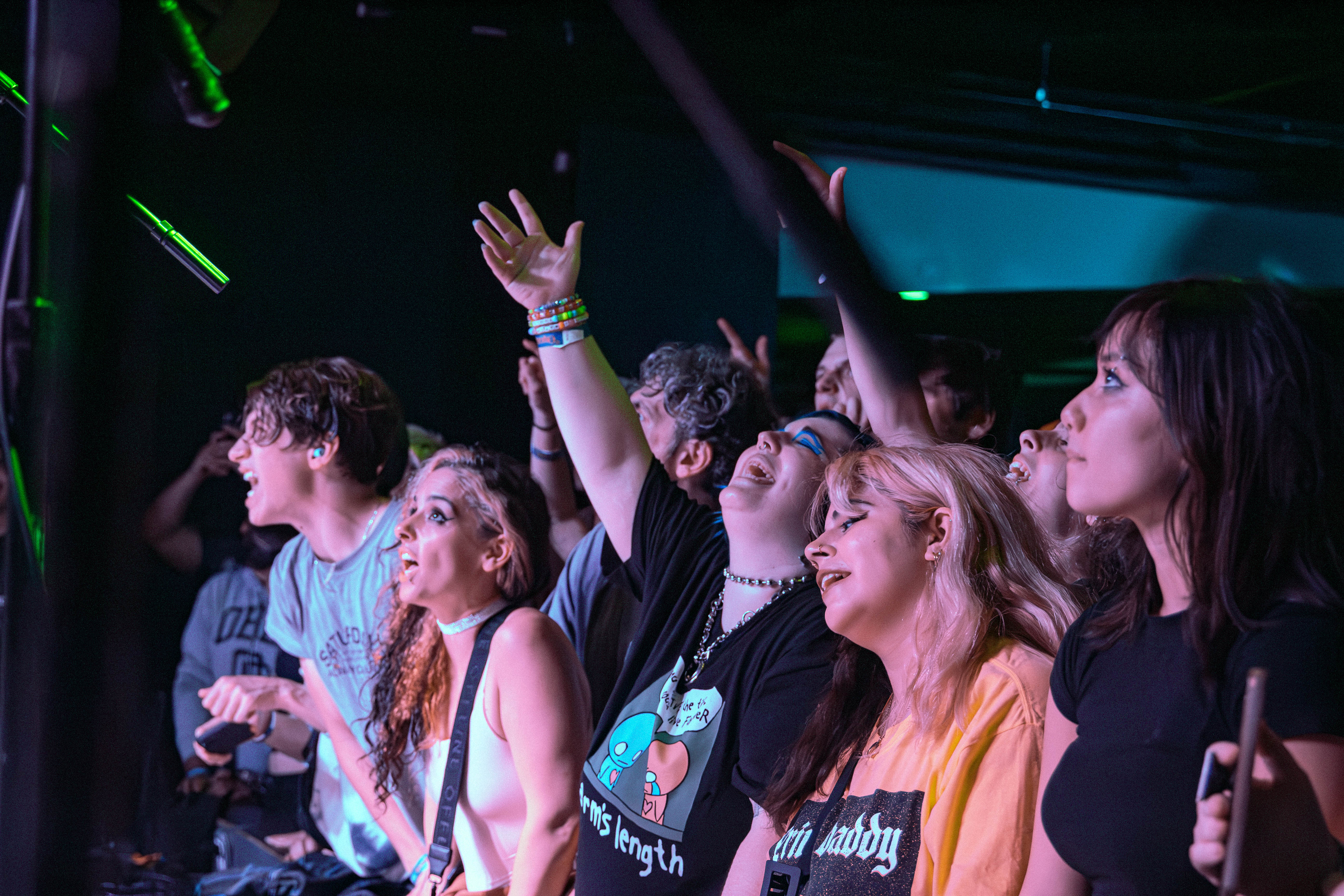 A lively crowd enjoying a concert, with enthusiastic fans singing and dancing. Some attendees are wearing band merchandise, showcasing their support.