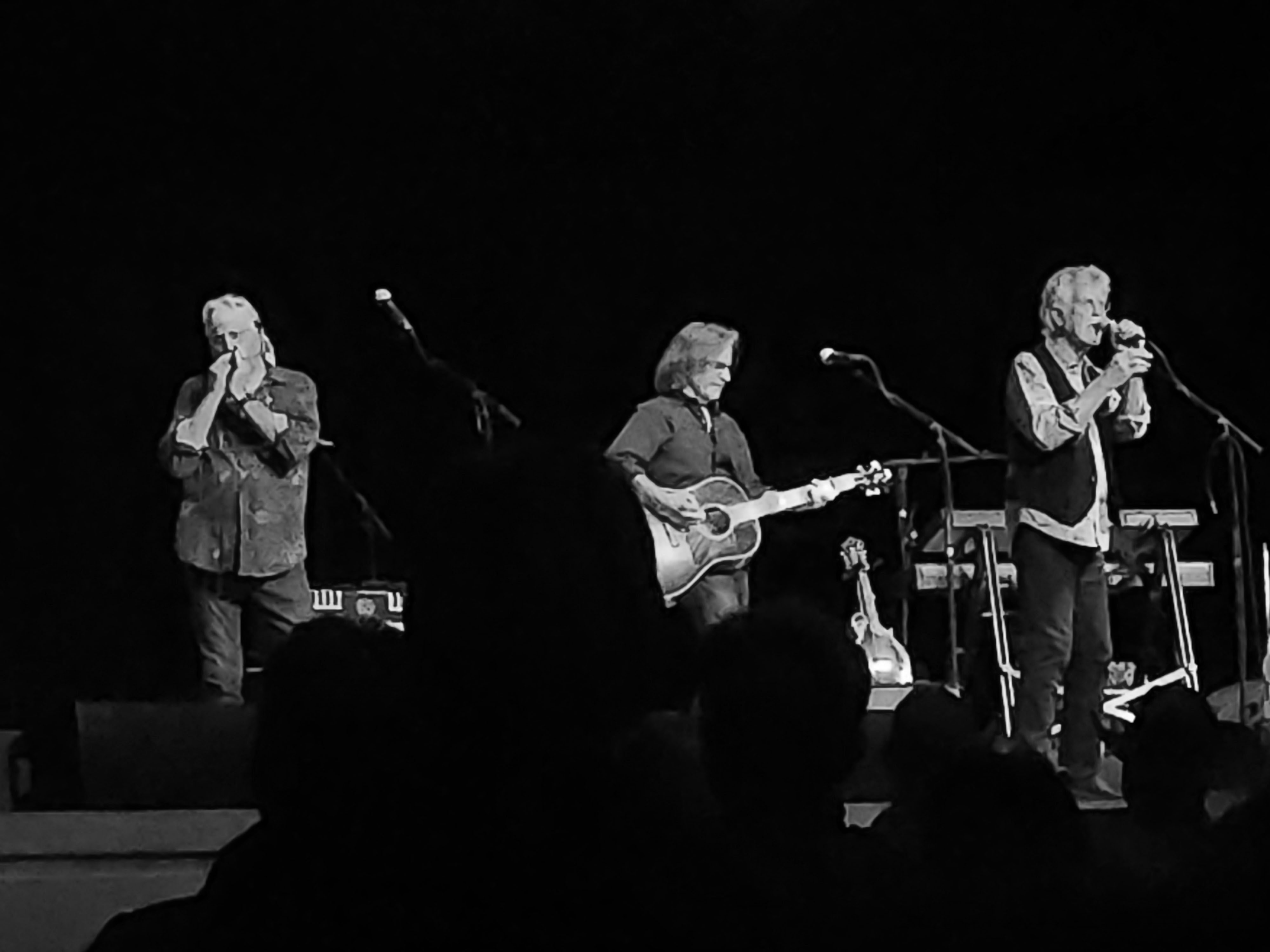 The Nitty Gritty Dirt Band performing on stage during their farewell tour, featuring three members with musical instruments in a lively concert setting.