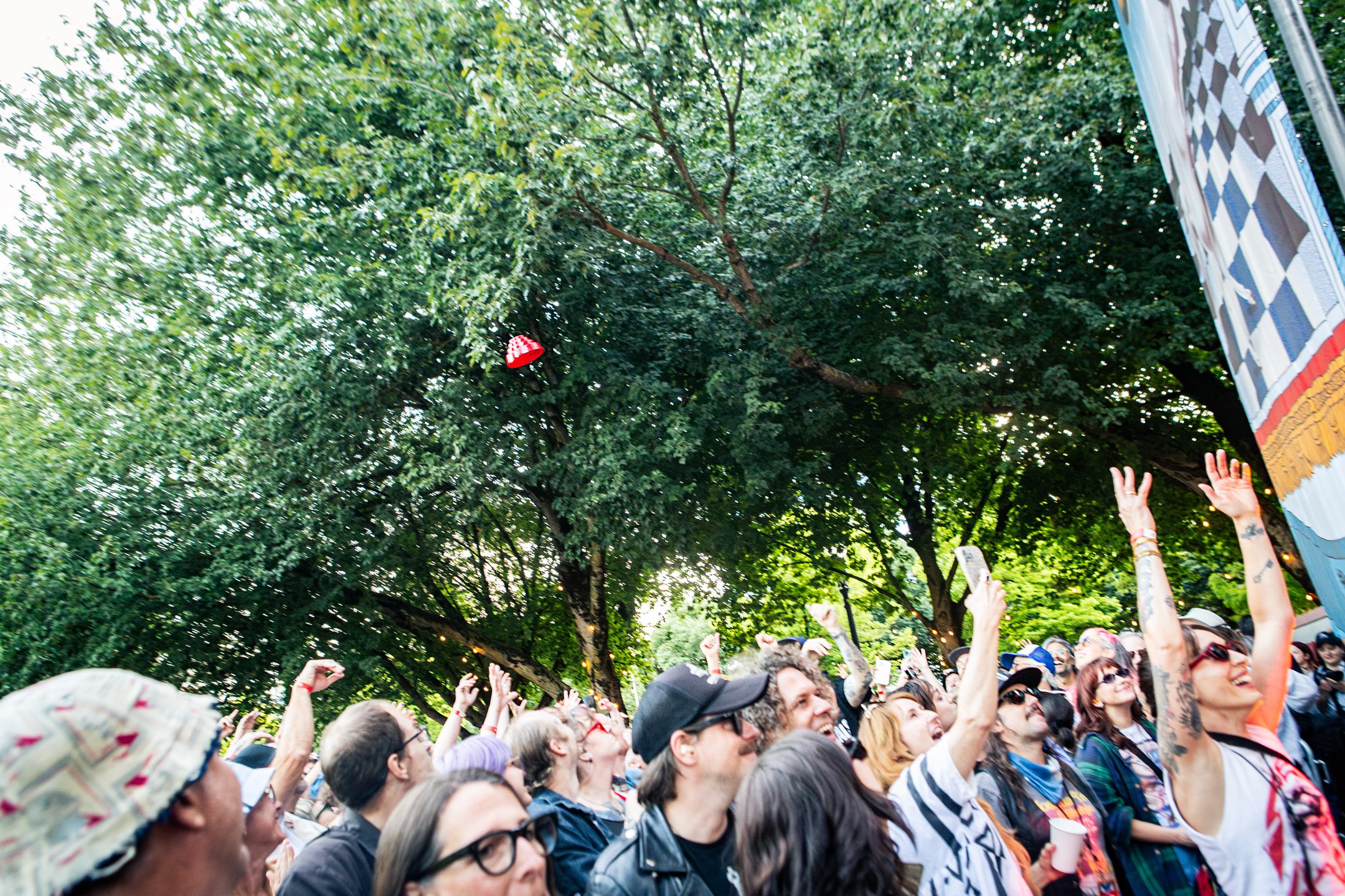 Crowd enjoying a performance at Project Pabst festival, with a vibrant atmosphere and people raising their hands in excitement under green trees.