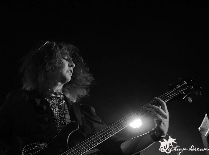 Close-up of a bassist performing on stage, with dramatic lighting highlighting their figure and instrument.