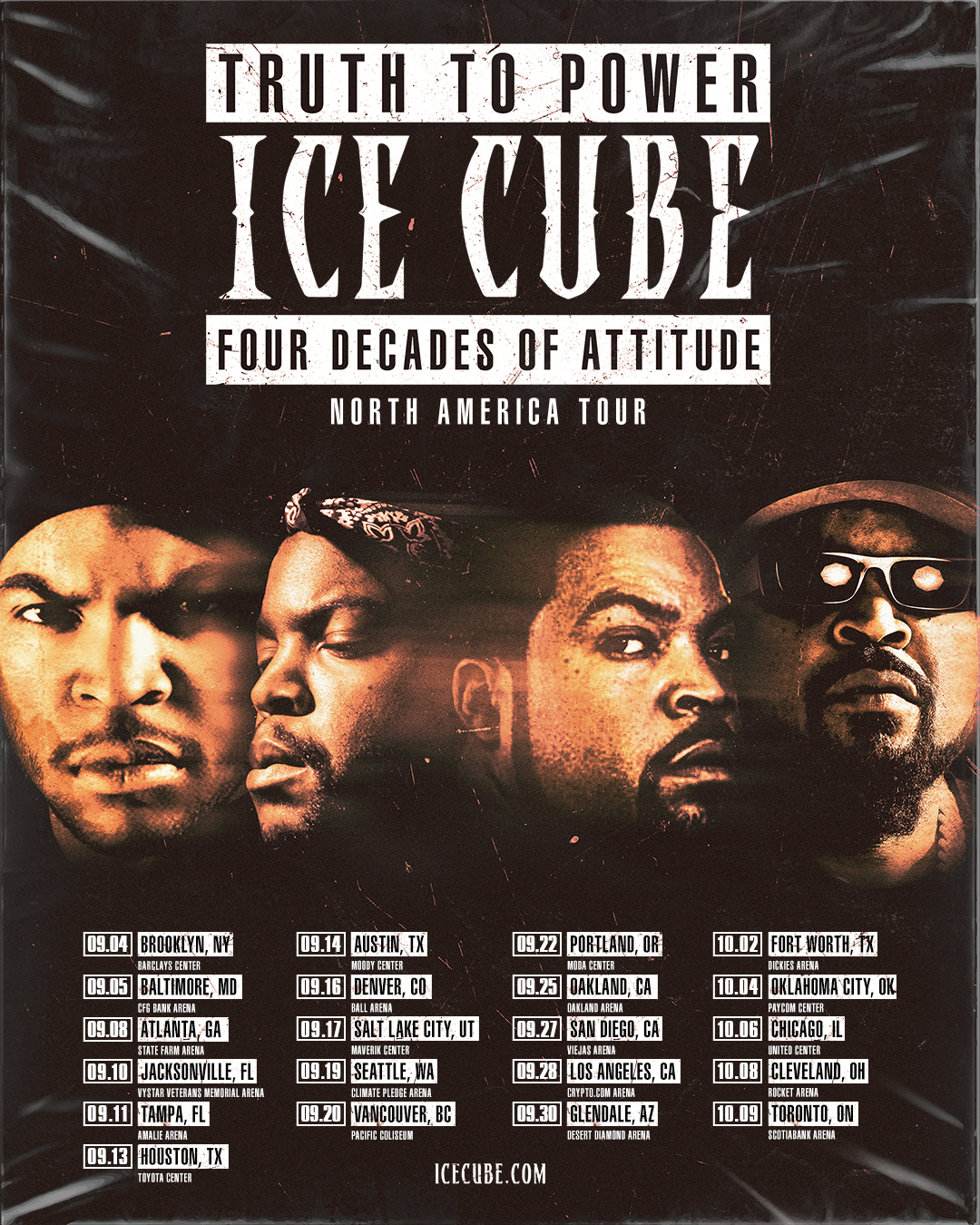 Tour poster for Ice Cube's 'Truth to Power: Four Decades of Attitude' North America tour featuring concert dates and cities.