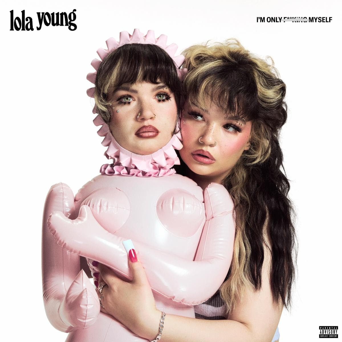 Album cover for Lola Young's 'I'm Only F**king Myself', featuring Lola Young embracing a pink inflatable doll, with a playful yet emotional expression, highlighting her unique artistic style.