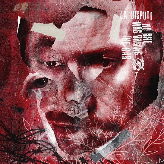 Cover art for the album 'No One Was Driving The Car' by La Dispute, featuring an abstract collage of faces and textures in red and black tones.