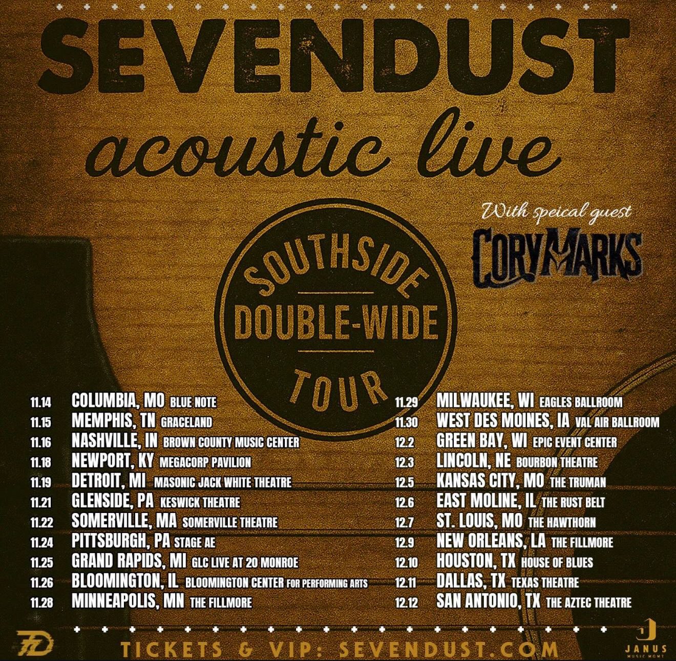 Promotional poster for the Sevendust acoustic tour featuring concert dates and locations.