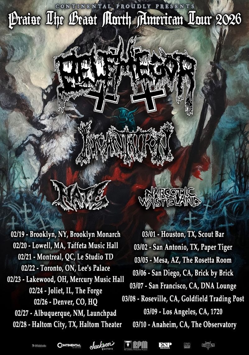 Tour poster for 'Praise The Beast North American Tour 2026' featuring the bands BELPHEGOR, INCANTATION, HATE, and NARCOTIC WASTELAND, with the tour dates and venues listed.