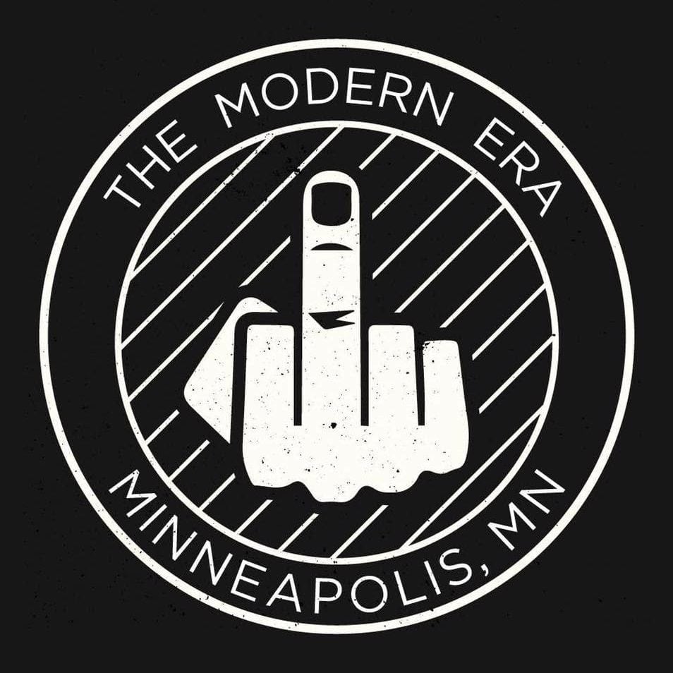 Logo of the band The Modern Era featuring a raised middle finger in a circular design, with text reading 'THE MODERN ERA MINNEAPOLIS, MN'.