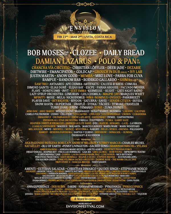 Event lineup for the 2026 Envision Festival in Uvita, Costa Rica, showcasing artists and performers names.