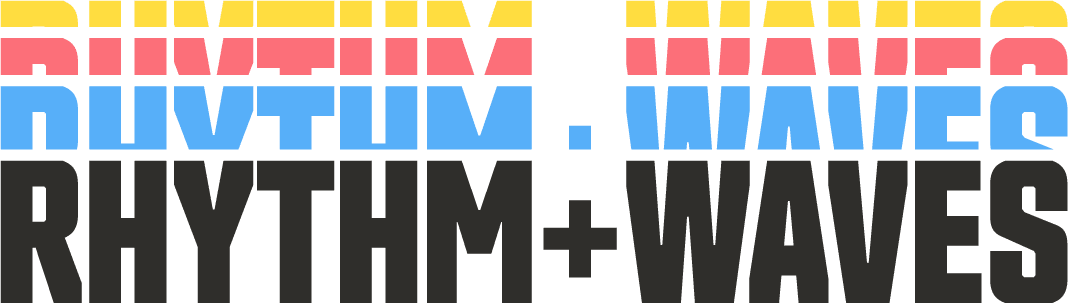 Logo for the Rhythm Waves festival featuring colorful text design with the festival name in various styles and bold fonts.