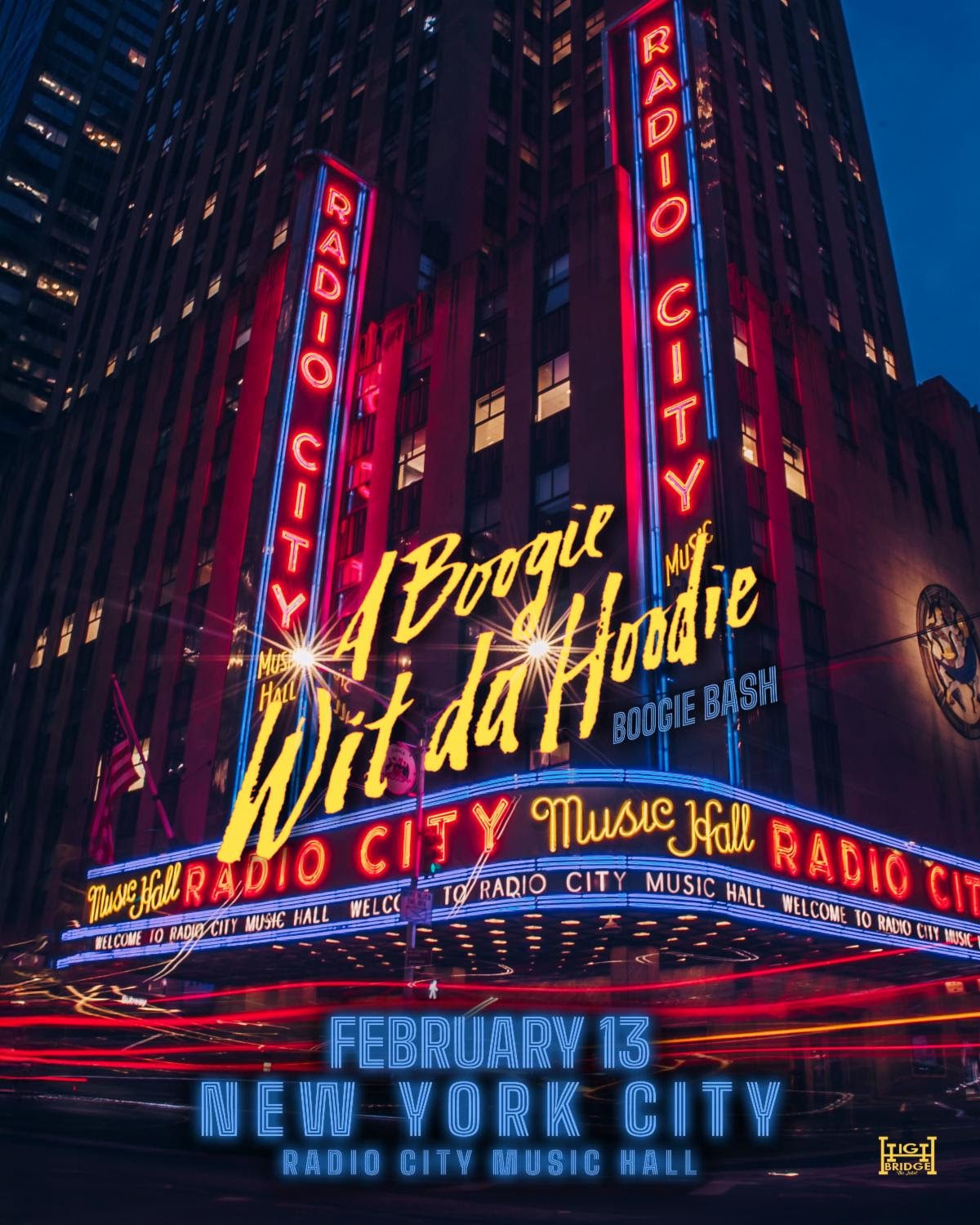 Colorful marquee of Radio City Music Hall advertising 'A Boogie Wit Da Hoodie Boogie Bash' event on February 13 in New York City.