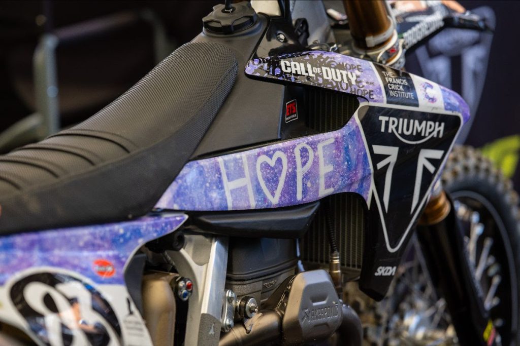 Austin Forkner’s (#83) race bike featuring St. Jude patient-inspired artwork for last year’s Love Moto Stop Cancer race that took place at Lucas Oil Stadium in Indianapolis, Indiana.