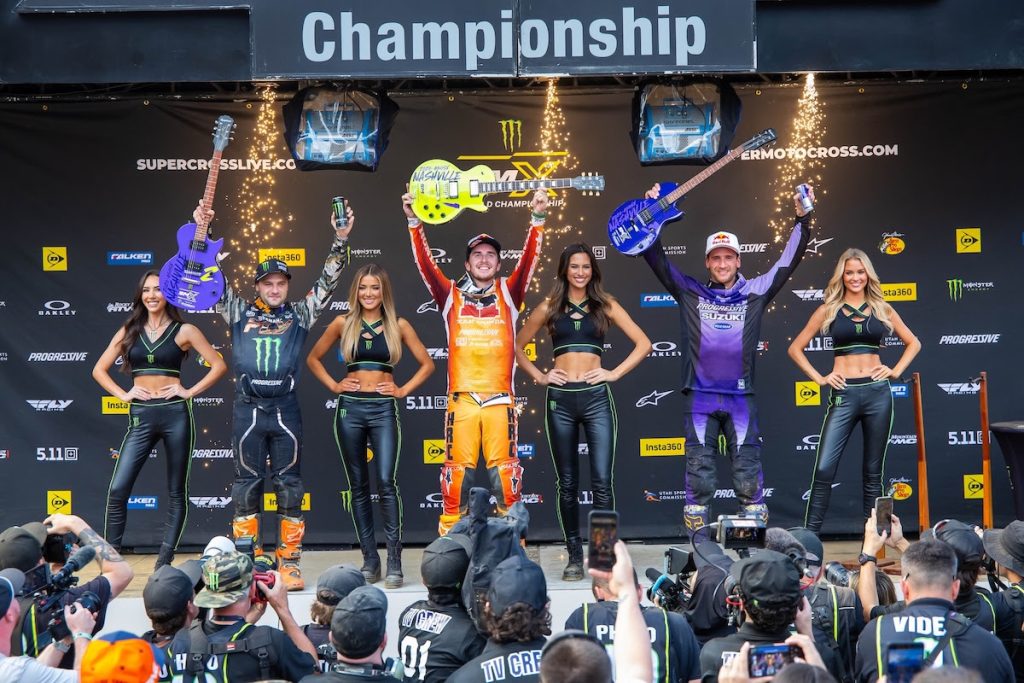450SMX Class Podium (left to right) Cooper Webb, Hunter Lawrence, and Ken Roczen