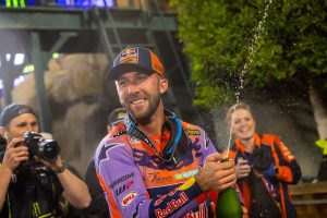 Eli Tomac celebrating after winning the Anaheim Opener at Angel Stadium in Anaheim, California, in January of this year. [SMX League Image]
